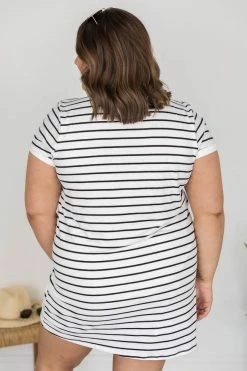 Cheapest 🛒 Pink Lily Blissful Days White/Black Striped T-Shirt 👗 Dress 🔔 -Cheap dresses Store 151676 1 650x