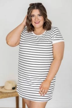Cheapest 🛒 Pink Lily Blissful Days White/Black Striped T-Shirt 👗 Dress 🔔 -Cheap dresses Store 151676 3 650x