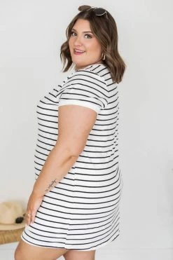 Cheapest 🛒 Pink Lily Blissful Days White/Black Striped T-Shirt 👗 Dress 🔔 -Cheap dresses Store 151676 4 650x