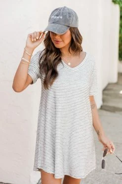 Best reviews of π Pink Lily When You're Ready White/Grey Striped T-Shirt π Dress FINAL SALE π§¨