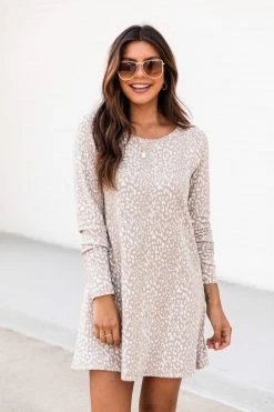 New ⌛ Pink Lily Casual Sunday Taupe Long Sleeve Animal Print T-Shirt 👗 Dress 🌟