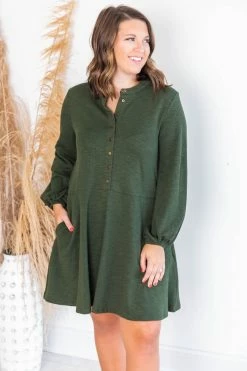 Deals 😉 Pink Lily Lasting Daydream Olive Henley Babydoll Ribbed 👗 Dress ✔️ -Cheap dresses Store 174982 4 650x