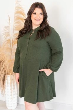 Deals 😉 Pink Lily Lasting Daydream Olive Henley Babydoll Ribbed 👗 Dress ✔️ -Cheap dresses Store 174982 5 650x