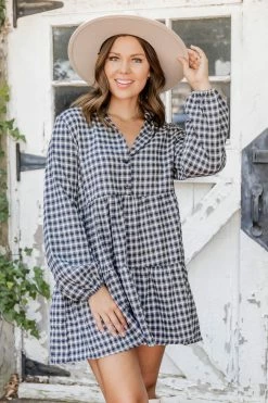 Cheapest ✨ Pink Lily She's Exceptional Long Sleeve Plaid Babydoll Grey 👗 Dress 🎁