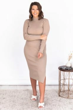 Best reviews of 🔔 Pink Lily Any Other Night Taupe Mock Neck Ribbed Midi 👗 Dress 🎁 -Cheap dresses Store 176078 2 650x