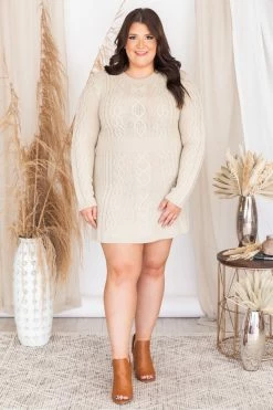 Best Sale ⭐ Pink Lily Living For Friday Beige Cable Knit Sweater 👗 Dress 😍 -Cheap dresses Store 176108 2 650x
