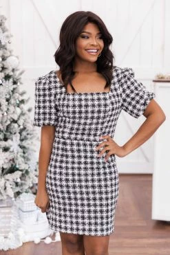 Budget π₯ Pink Lily Mysterious Night Puff Sleeve Black Tweed π Dress π₯