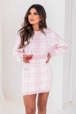 Cheapest ⌛ Pink Lily Now Or Never Pink Plaid Sweater 👗 Dress FINAL SALE 🔔