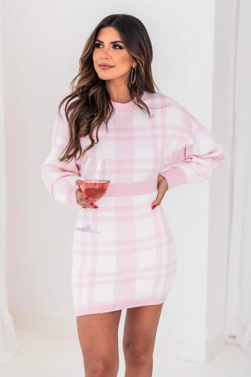 Cheapest ⌛ Pink Lily Now Or Never Pink Plaid Sweater 👗 Dress FINAL SALE 🔔 -Cheap dresses Store 179846 betterdayspinkwhitesweater 179848 betterdayspinkwhiteskirt 1 650x