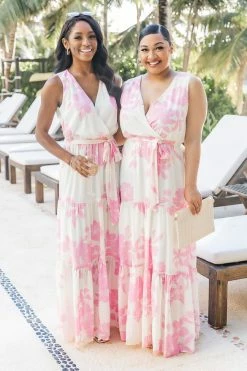Budget π― Pink Lily Ocean Sunset Floral Ivory/Pink Maxi π Dress FINAL SALE π