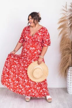 Best Sale ⌛ Pink Lily Sunshiny Days Red Smocked Waist Floral Maxi 👗 Dress FINAL SALE 🤩 -Cheap dresses Store 180892 1 650x