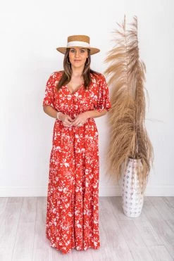 Best Sale ⌛ Pink Lily Sunshiny Days Red Smocked Waist Floral Maxi 👗 Dress FINAL SALE 🤩 -Cheap dresses Store 180892 6 650x