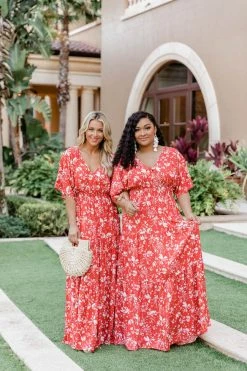 Best Sale β Pink Lily Sunshiny Days Red Smocked Waist Floral Maxi π Dress FINAL SALE π€©