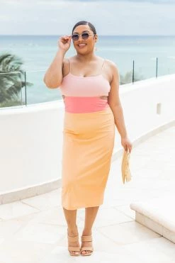 Promo π Pink Lily Sunburst Energy Orange/Pink Cutout Colorblock Midi π Dress FINAL SALE π§¨