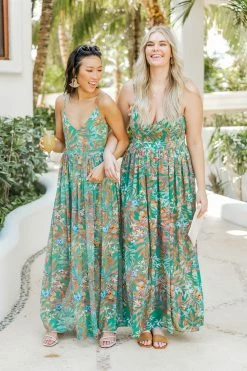 Cheapest β€οΈ Pink Lily It's Love At First Sight Green Tropical Maxi π Dress FINAL SALE π