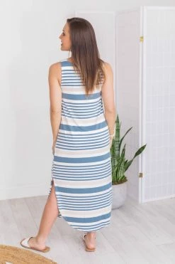 Coupon 🔥 Pink Lily You Should Know Blue/Taupe Striped Midi 👗 Dress FINAL SALE 🔥 -Cheap dresses Store 181578 3 650x