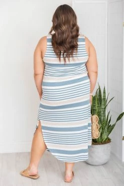 Coupon 🔥 Pink Lily You Should Know Blue/Taupe Striped Midi 👗 Dress FINAL SALE 🔥 -Cheap dresses Store 181578 4 650x