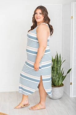 Coupon 🔥 Pink Lily You Should Know Blue/Taupe Striped Midi 👗 Dress FINAL SALE 🔥 -Cheap dresses Store 181578 7 650x