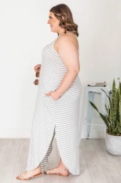 Cheapest 👍 Pink Lily Who I'm Supposed To Be Grey/White Stripe Maxi Tank 👗 Dress FINAL SALE 🛒 -Cheap dresses Store 181708 5 650x