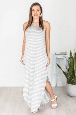 Cheapest 👍 Pink Lily Who I'm Supposed To Be Grey/White Stripe Maxi Tank 👗 Dress FINAL SALE 🛒 -Cheap dresses Store 181708 7 650x