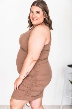 Promo 🎉 Pink Lily Definition Of This Brown Cinched Ribbed Bodycon 👗 Dress FINAL SALE 💯 -Cheap dresses Store 182090 5 650x