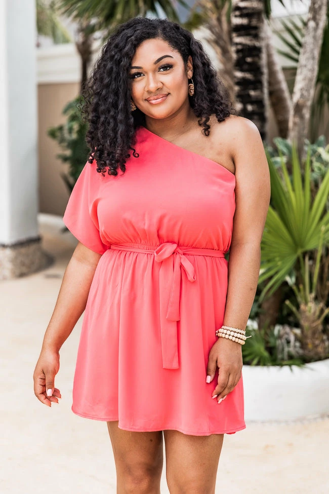 Flash Sale 🌟 Pink Lily Lifetime Chance Coral One Shoulder Belted Mini 👗 Dress FINAL SALE 😍 - Image 11