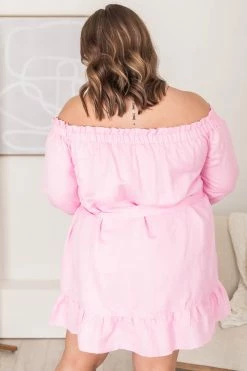 Coupon 😉 CAITLIN COVINGTON X PINK LILY Nantucket Pink Off The Shoulder Button Front Mini 👗 Dress FINAL SALE 💯 -Cheap dresses Store 183162 1 650x