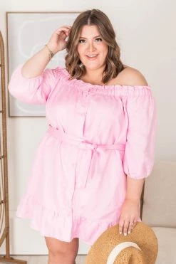 Coupon 😉 CAITLIN COVINGTON X PINK LILY Nantucket Pink Off The Shoulder Button Front Mini 👗 Dress FINAL SALE 💯 -Cheap dresses Store 183162 3 650x