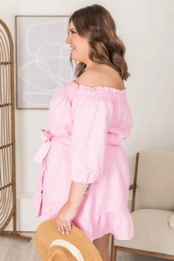 Coupon 😉 CAITLIN COVINGTON X PINK LILY Nantucket Pink Off The Shoulder Button Front Mini 👗 Dress FINAL SALE 💯 -Cheap dresses Store 183162 4 650x