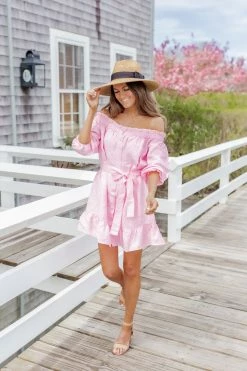 Coupon 😉 CAITLIN COVINGTON X PINK LILY Nantucket Pink Off The Shoulder Button Front Mini 👗 Dress FINAL SALE 💯