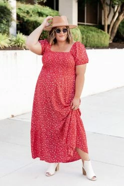 Hot Sale 🎉 Pink Lily Lovely Little Tune Red Smocked Bust Floral Maxi 👗 Dress 😀