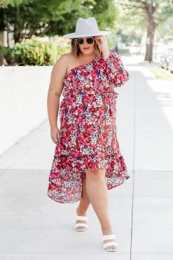 Best Pirce β Pink Lily Forever Blooming One Shoulder Multicolor Floral Belted High Low π Dress π§¨