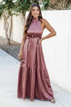 Coupon 🎉 Pink Lily Hollywood Dreams High Neck Rose Satin Maxi 👗 Dress 🤩