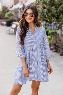 Hot Sale 🎁 Pink Lily From Now On Charcoal Striped Button Front 👗 Dress 💯