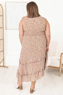 Best Sale 🧨 Pink Lily Darling Moment Taupe Mock Neck Floral Midi 👗 Dress 🛒 -Cheap dresses Store 183592 4 650x