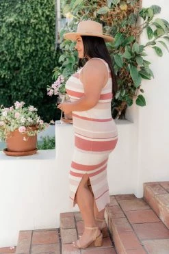 Outlet 🌟 Pink Lily Sweet Applause Rust Striped High Neck Bodycon 👗 Dress ✔️ -Cheap dresses Store 183656 10 650x