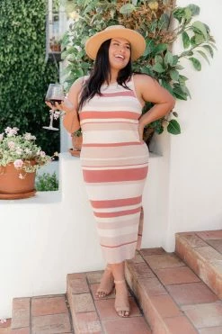 Outlet 🌟 Pink Lily Sweet Applause Rust Striped High Neck Bodycon 👗 Dress ✔️ -Cheap dresses Store 183656 9 650x