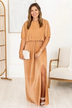 Best Pirce 🔔 Pink Lily A Step Above Camel Plisse Short Sleeve Maxi 👗 Dress FINAL SALE 😉 -Cheap dresses Store 183750 1 650x
