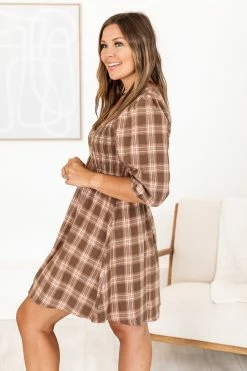 Outlet ✔️ Pink Lily Just A Thought Brown Plaid Smocked Bust Mini 👗 Dress ✨ -Cheap dresses Store 183828 7 650x