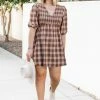 Outlet ✔️ Pink Lily Just A Thought Brown Plaid Smocked Bust Mini 👗 Dress ✨