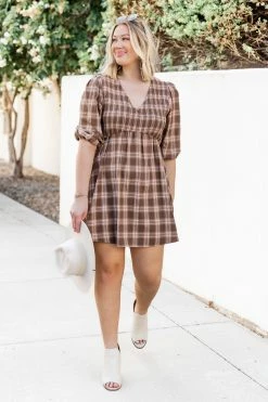 Outlet ✔️ Pink Lily Just A Thought Brown Plaid Smocked Bust Mini 👗 Dress ✨
