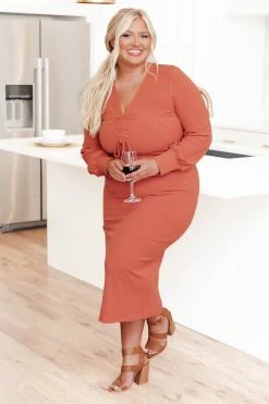 Top 10 😍 Pink Lily When I'm With You Rust Ribbed Cinched Bust Midi 👗 Dress FINAL SALE 😍 -Cheap dresses Store 183976 4 650x