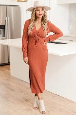 Top 10 π Pink Lily When I'm With You Rust Ribbed Cinched Bust Midi π Dress FINAL SALE π