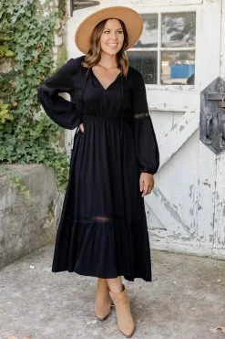 Best Pirce π₯ Pink Lily Untamed Beauty Black Lace Trim Detail Long Sleeve Midi π Dress β€οΈ
