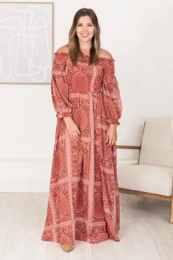 Buy 🔥 Pink Lily Sounds In My Mind Brick Smocked Bust Off The Shoulder Printed Maxi 👗 Dress FINAL SALE 🛒 -Cheap dresses Store 183986 4 650x