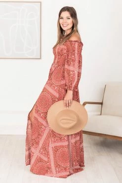 Buy 🔥 Pink Lily Sounds In My Mind Brick Smocked Bust Off The Shoulder Printed Maxi 👗 Dress FINAL SALE 🛒 -Cheap dresses Store 183986 6 650x