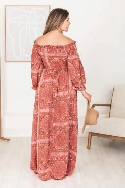 Buy 🔥 Pink Lily Sounds In My Mind Brick Smocked Bust Off The Shoulder Printed Maxi 👗 Dress FINAL SALE 🛒 -Cheap dresses Store 183986 7 650x