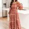 Buy 🔥 Pink Lily Sounds In My Mind Brick Smocked Bust Off The Shoulder Printed Maxi 👗 Dress FINAL SALE 🛒