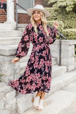 Deals 🛒 Pink Lily When Seasons Change Black And Pink Floral Midi 👗 Dress 🧨