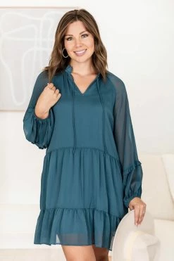 Best Sale 🔔 Pink Lily Happier Than Ever Teal Notched Neckline Mini 👗 Dress FINAL SALE 🎉 -Cheap dresses Store 184330 2 650x